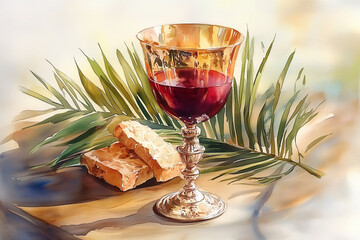 Holy Communion Watercolor with Silver Chalice, Red Wine, Bread and Palm Leaves - Sacred Eucharist Still Life