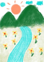 Landscape, mountains, sea, house, cottage, silk tree, flower garden