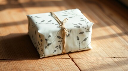A wrapped gift with leaf pattern paper and string tie, sits on a warm, sunny wooden surface.