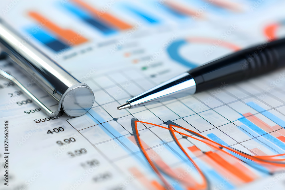 Poster close-up of a pen resting on financial charts with colorful graphs and data analysis