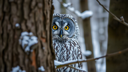 Great Gray Owl (Strix nebulosa) in winter forest