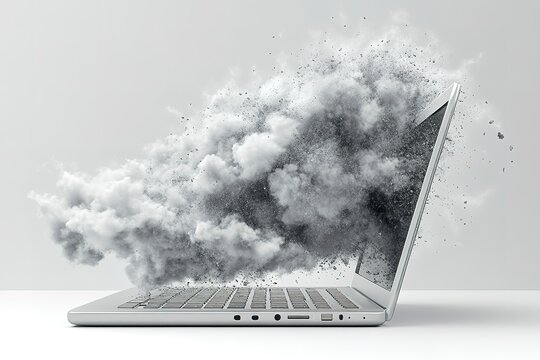 Digital Explosion: Laptop Shattering into a Cloud of Data, Abstract Technology Concept. Perfect for websites, presentations, and marketing materials needing a powerful, futuristic, and innovative     