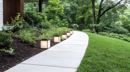 Illuminated walkway leading to modern home