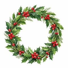 Festive Wreath of Holly and Berries Holiday Watercolor Painting Christmas Decoration