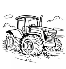 Coloring page for kids, tractor on the farm, cartoon style, with thick lines. Crisp black outline and white background