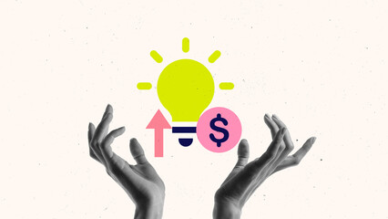 Hands lifting lightbulb with financial growth symbol. Innovation in business, investment opportunities, fintech startups, entrepreneurship. Concept of financial technology, innovation, economy