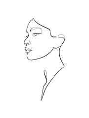 A portrait of a woman is drawn in a one line style. Body and facial expression. Printable art.	