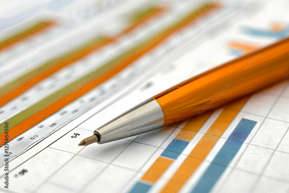 Poster close-up of an orange pen resting on colorful financial graphs and charts with data analysis