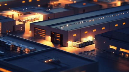 Industrial Complex at Night: A Stunning Aerial View of Warehouses and Logistics