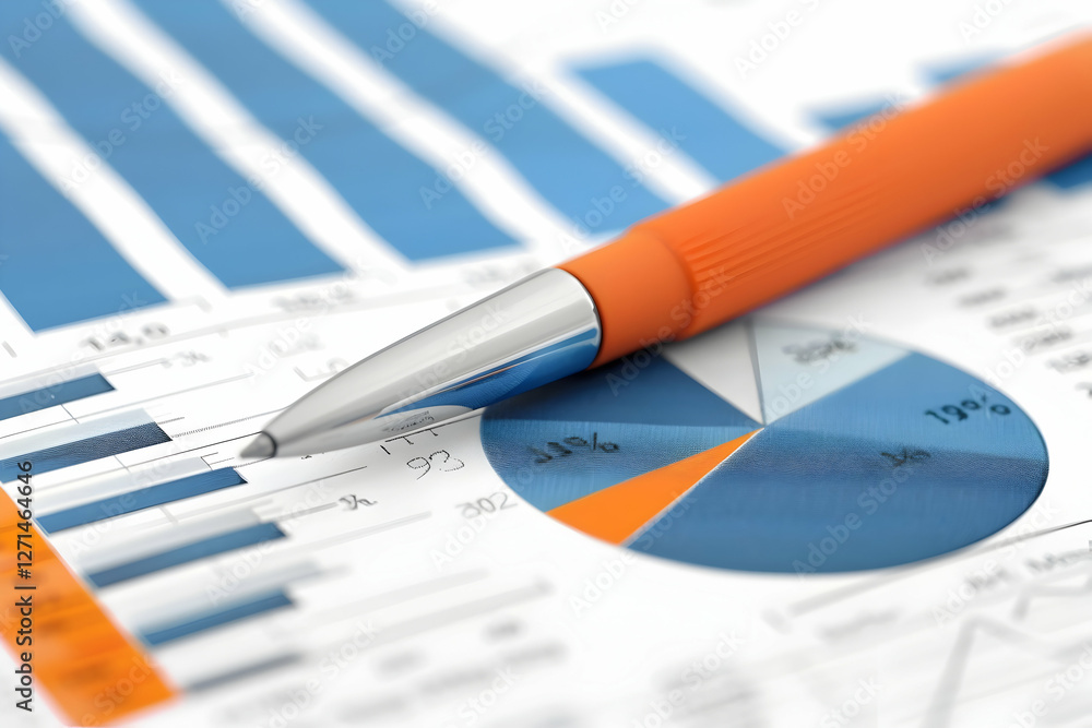 Poster close-up of a vibrant orange pen resting on colorful financial charts and graphs, illustrating data 
