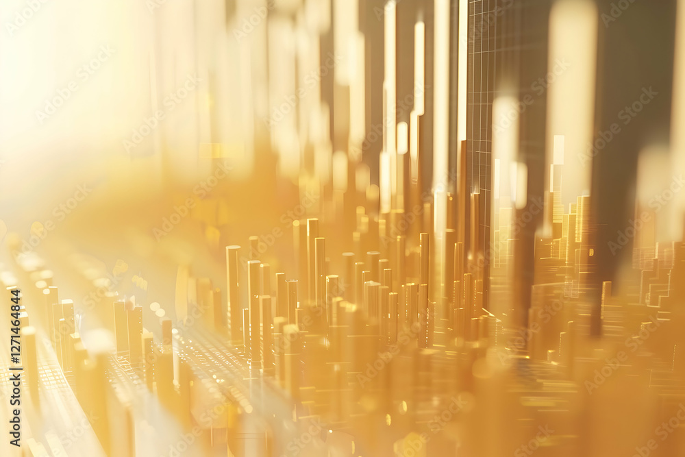 Poster abstract golden cityscape with towering structures illuminated by sunlight in a digital environment