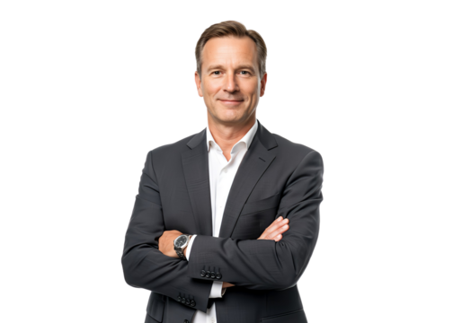 A middle age businessman in suit, isolated - Powered by Adobe