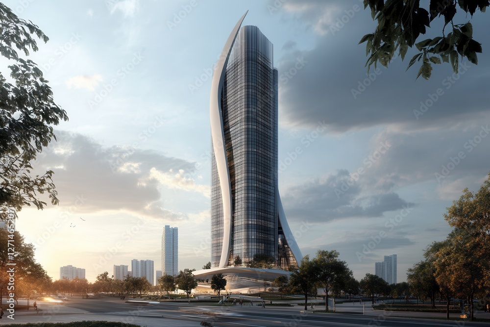 Poster a sleek urban skyscraper with a distinctive design, a modern building featuring a unique spiral desi