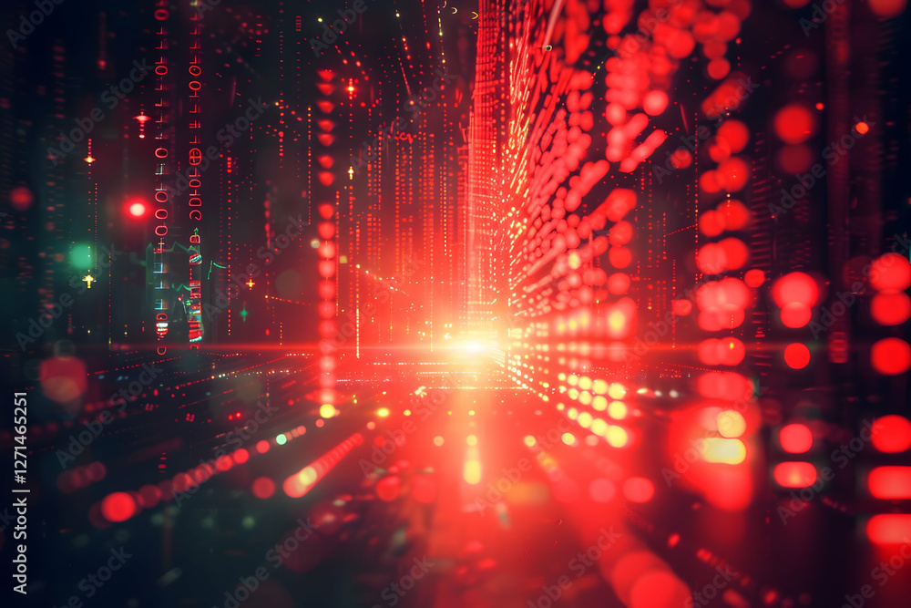 Poster abstract digital landscape with glowing red binary data streams and light effects in the background