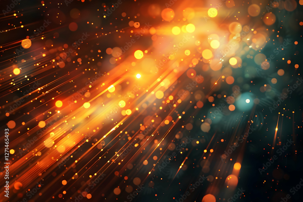 Poster abstract background with glowing light rays and bokeh effects in warm tones, creating depth