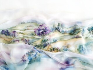 Soft watercolor pastoral landscapes printed on flowing fabrics, evoking spring freshness