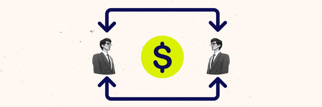 Same model in financial cycle with money flow arrows, representing global economy, peer-to-peer finance, fintech solutions, business transactions. Concept of financial technology, innovation - Powered by Adobe