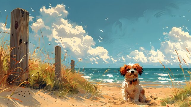 a small dog digging in the sand near a wooden fenc dedcfdefff AI generated illustration
