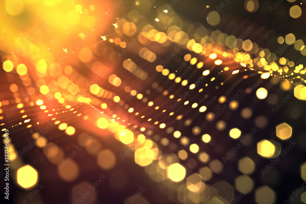 Poster abstract golden bokeh lights creating a shimmering wave effect in a dark background