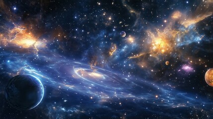 Obraz premium A mesmerizing blue galaxy stretches across the cosmos, with twinkling stars and planets glowing in vibrant shades of orange, yellow, and purple.