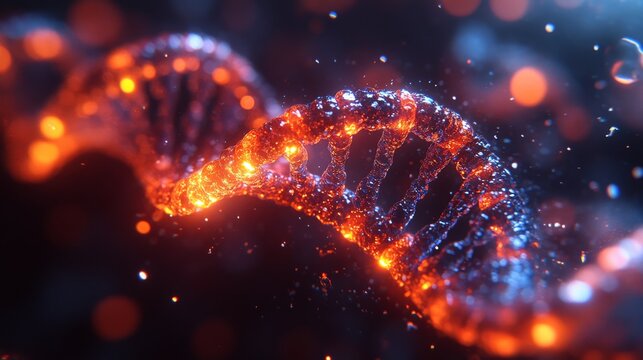 Glowing DNA helix strand with particles, abstract science background.