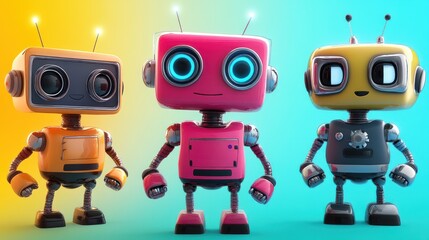 Three cute cartoon robots, orange, pink, yellow, standing together on a colorful background.