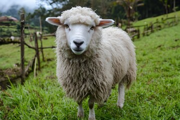 Obraz premium Fluffy sheep in the cool peaks with thick and pure white fur roam the green fields of Cameron Highlands, enjoying the fresh air while nibbling on fresh grass