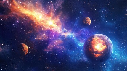 Obraz premium A mesmerizing blue galaxy stretches across the cosmos, with twinkling stars and planets glowing in vibrant shades of orange, yellow, and purple.