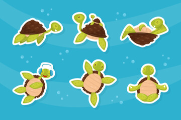 Cute Turtle Funny Animal in Water Vector Sticker Set