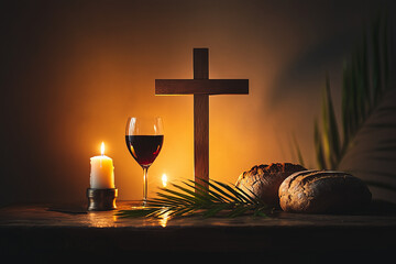 Wooden Cross with Bread, Wine, and Candle – Maundy Thursday Reflection