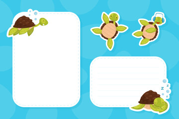 Cute Turtle Note Card with Funny Animal Vector Template