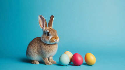 Obraz premium A rabbit sits next to a collection of pastel-colored eggs on a blue background. Easter background.
