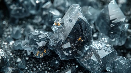 Crystals of various shapes and sizes exhibit a stunning contrast of clear and dark surfaces, sparkling under light with tiny flecks of gold enhancing their beauty