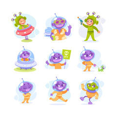 Ufo and Alien Character in Spacesuit and Shuttle Vector Set