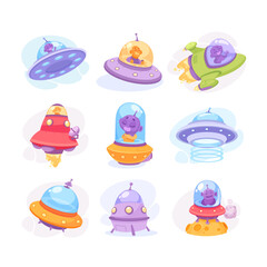 Ufo and Alien Character in Spaceship or Shuttle Vector Set