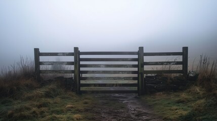 Fototapeta premium A wooden gate stands alone in a rural landscape, shrouded in dense fog that swirls mysteriously around its worn frame.