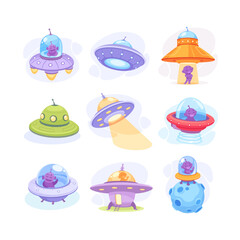 Alien Character in Ufo Shuttle and Spaceship Vector Illustration Set