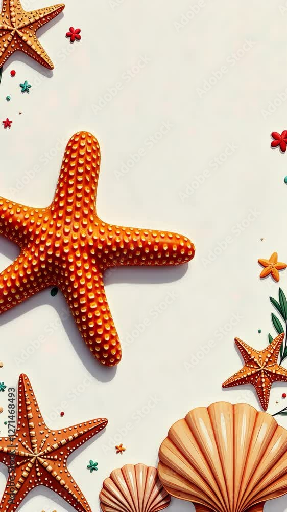 Poster A white background with a frame of stars and shells. The frame is orange and green. There are three shells and three stars