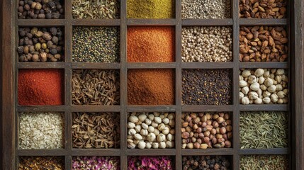 A spice shop with a large display of spices in square cells. Spices, nuts and dried flowers on display for sale at a spice market.