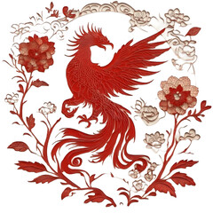 Red Paper Cuttings works, the phoenix is the divine bird in traditional Chinese mythology