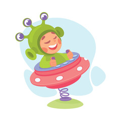 Boy Character in Ufo Shuttle Playing Alien Vector Illustration