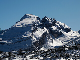 dolomites fanes pass mountain in winter snow season sunny day