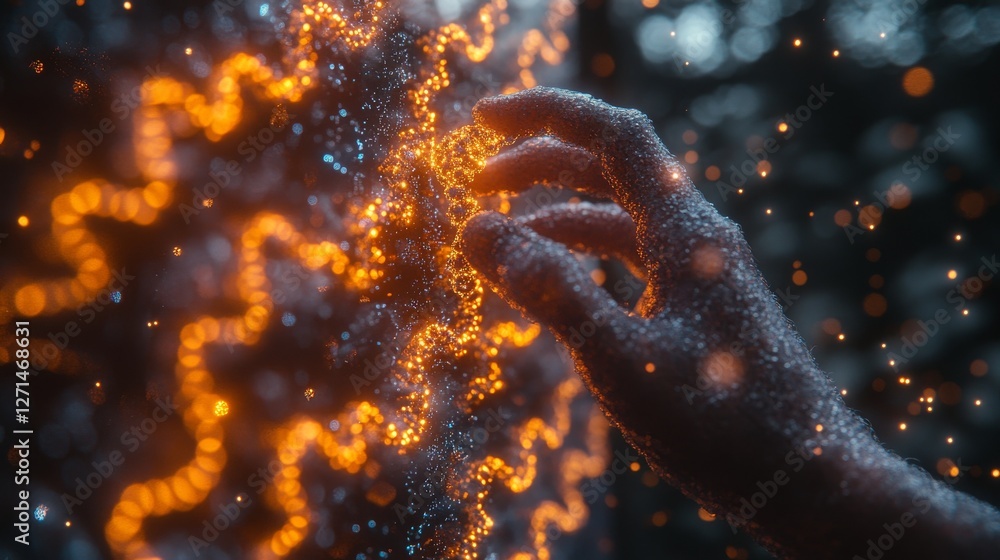 Poster glowing particles forming intricate patterns touched by a hand.