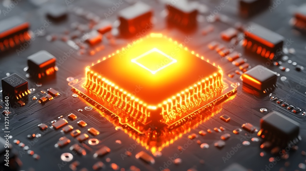 Poster futuristic computer chip with glowing circuit design and technology