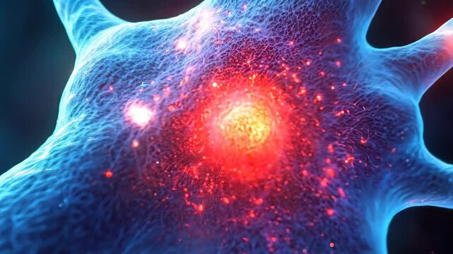 Detailed Close-Up of a Colorful Neuron With Glowing Synapse Effects