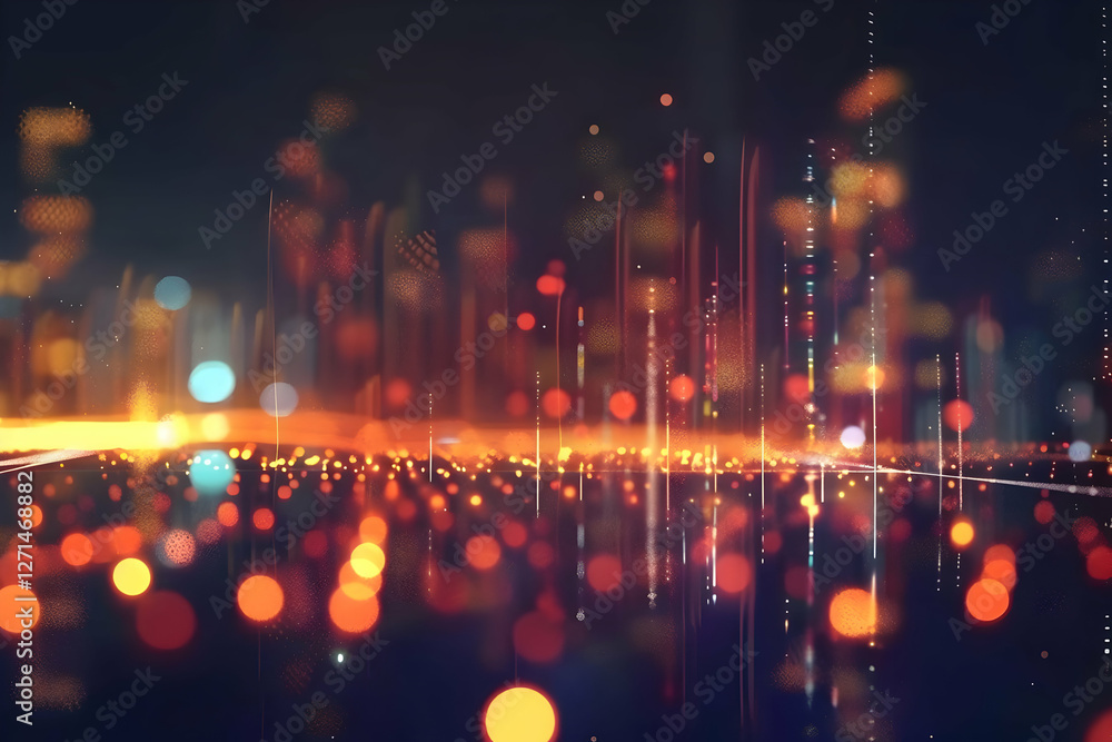 Poster abstract vibrant light patterns depicting a digital landscape with glowing elements and depth