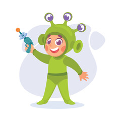 Boy Character in Costume with Weapon Playing Alien Vector Illustration