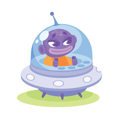 Purple Alien Character in Ufo Shuttle Vector Illustration