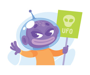 Purple Alien Character in Helmet Hold Banner Vector Illustration