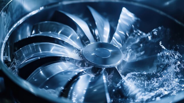 The intricate fins of a centrifugal pump impeller rotate gracefully, suspended in liquid, demonstrating the efficiency of industrial fluid movement.